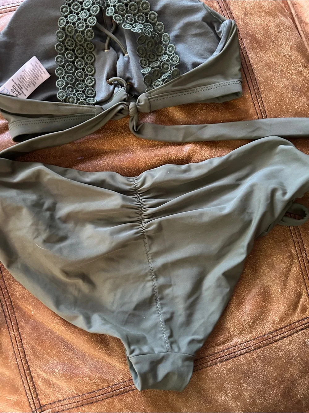 Time and Tru Olive Green High Neck Lace-Up Bikini with Pink Floral Embroidery
